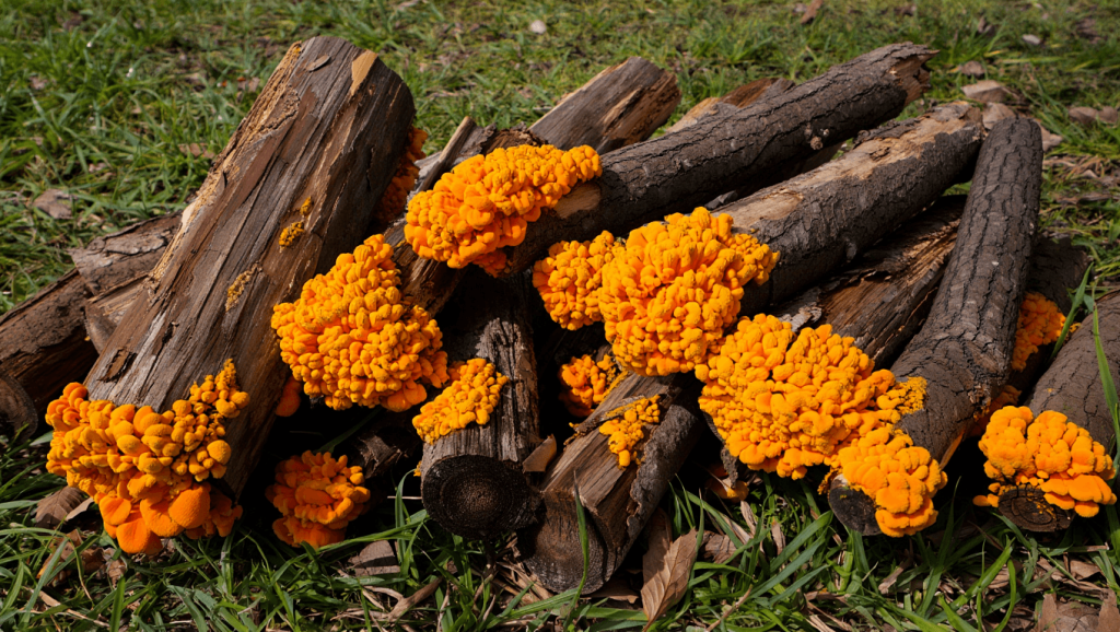 champignon orange sur bois mort